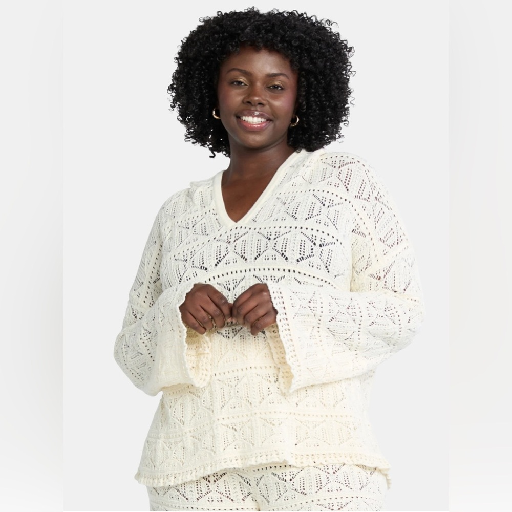 Open Knit Fairy Grunge Hooded Pullover Size L Bell Sleeve Festival Boho Beachy